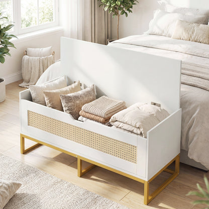 39.5" Rattan Storage Chest, Wicker Shoe Bench, Padded Seat Flip-Top, White Shoe Racks & Storage Benches at Gallery Canada