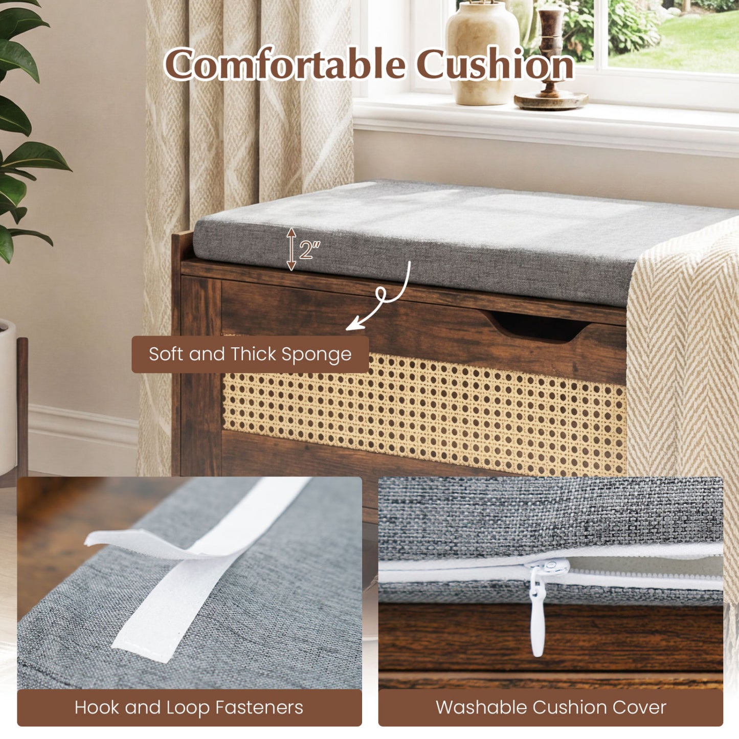 39.5" Rattan Storage Chest, Wicker Shoe Bench, Padded Seat Flip-Top, Brown Shoe Racks & Storage Benches at Gallery Canada