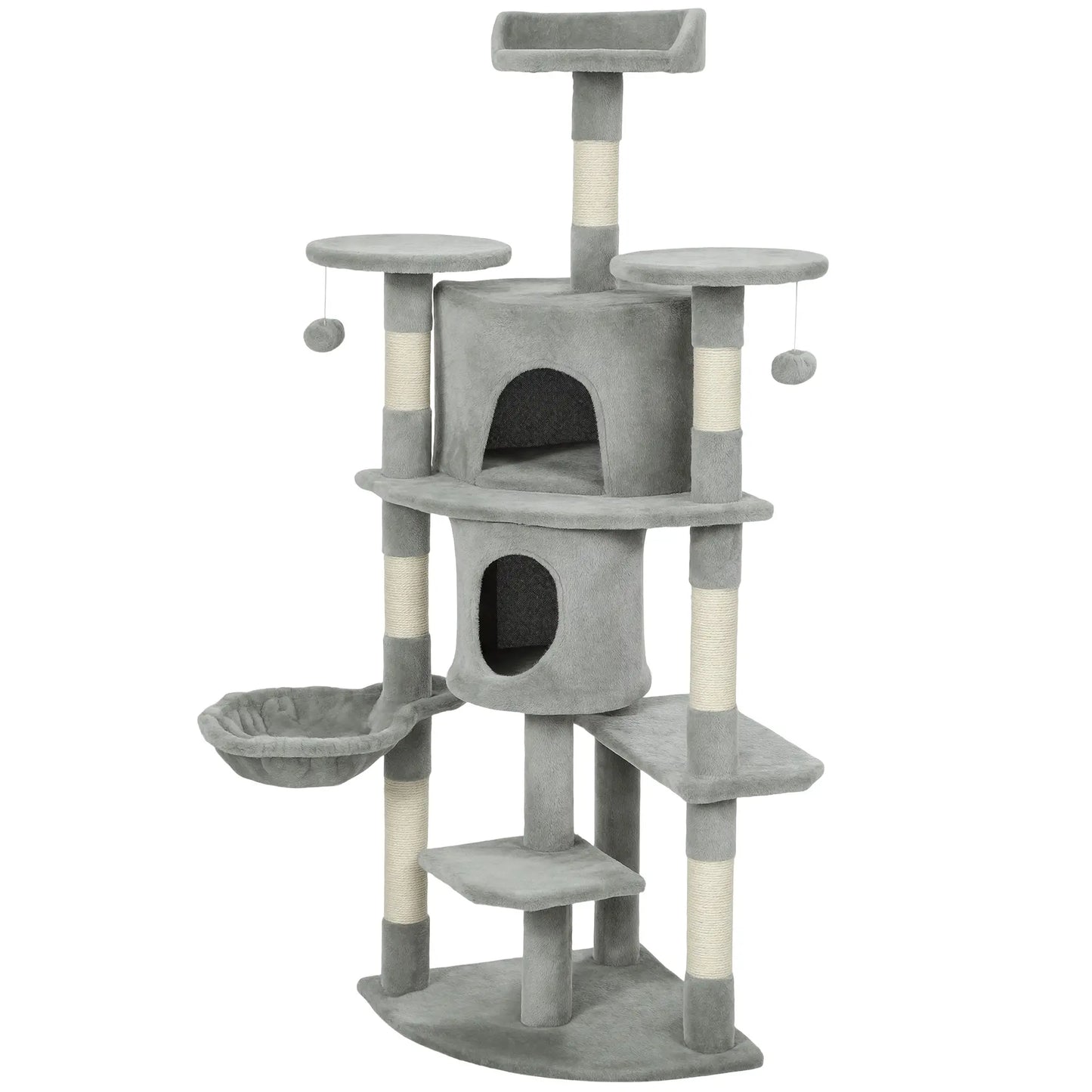 62" Cat Tree With Scratching Post, 2 Condos, Hammock, Light Grey Multi-Level Cat Towers Light Grey, Cream White at Gallery Canada