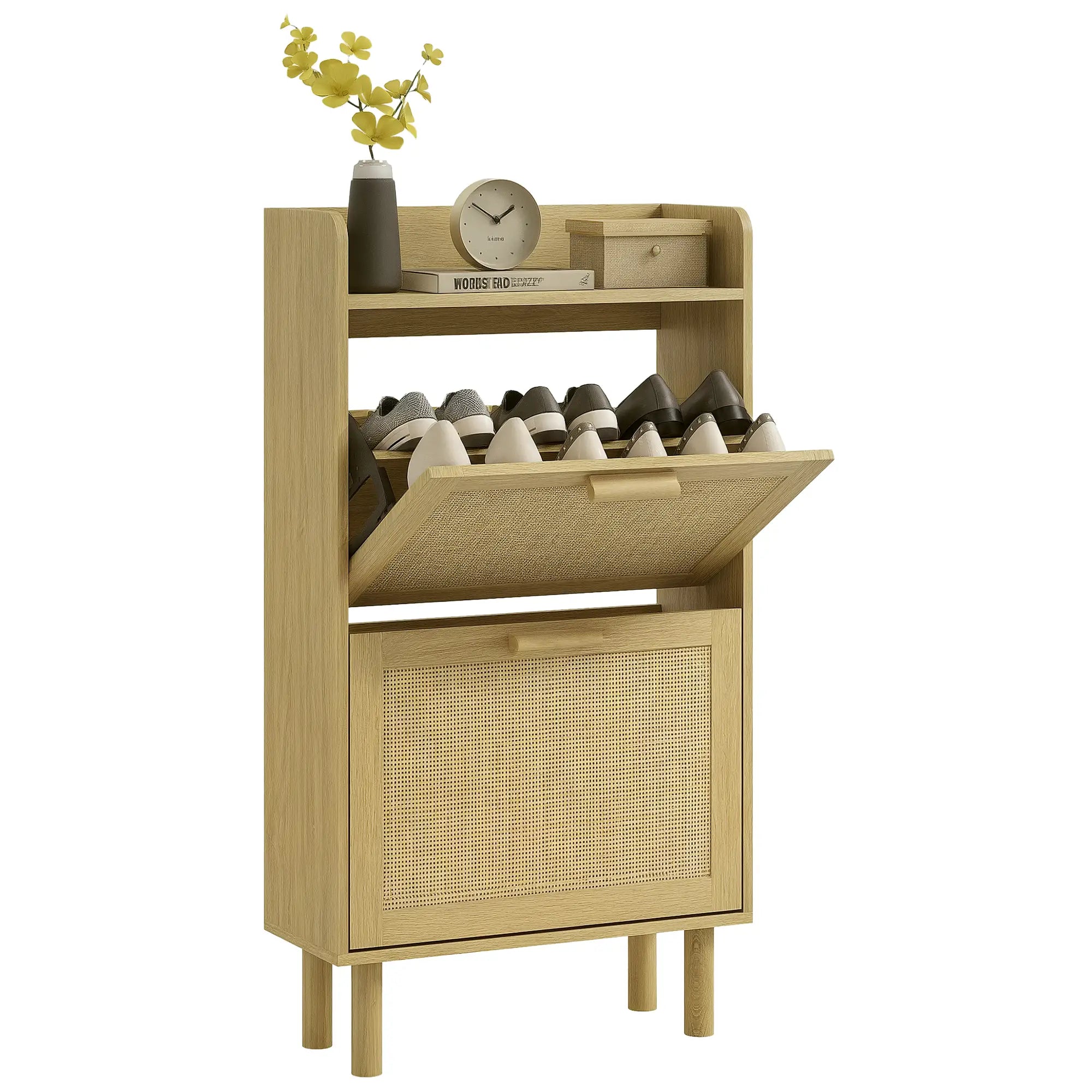 Slim Shoe Storage, 2 Flip Drawers, Adjustable Shelves, 12 Pair, Oak Shoe Storage Cabinets & Racks at Gallery Canada