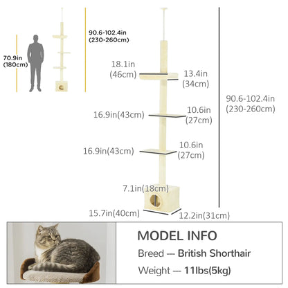 Adjustable Cat Tree, Scratching Post, House, Bed, 91-102 Inches, Beige Floor to Ceiling Cat Trees at Gallery Canada