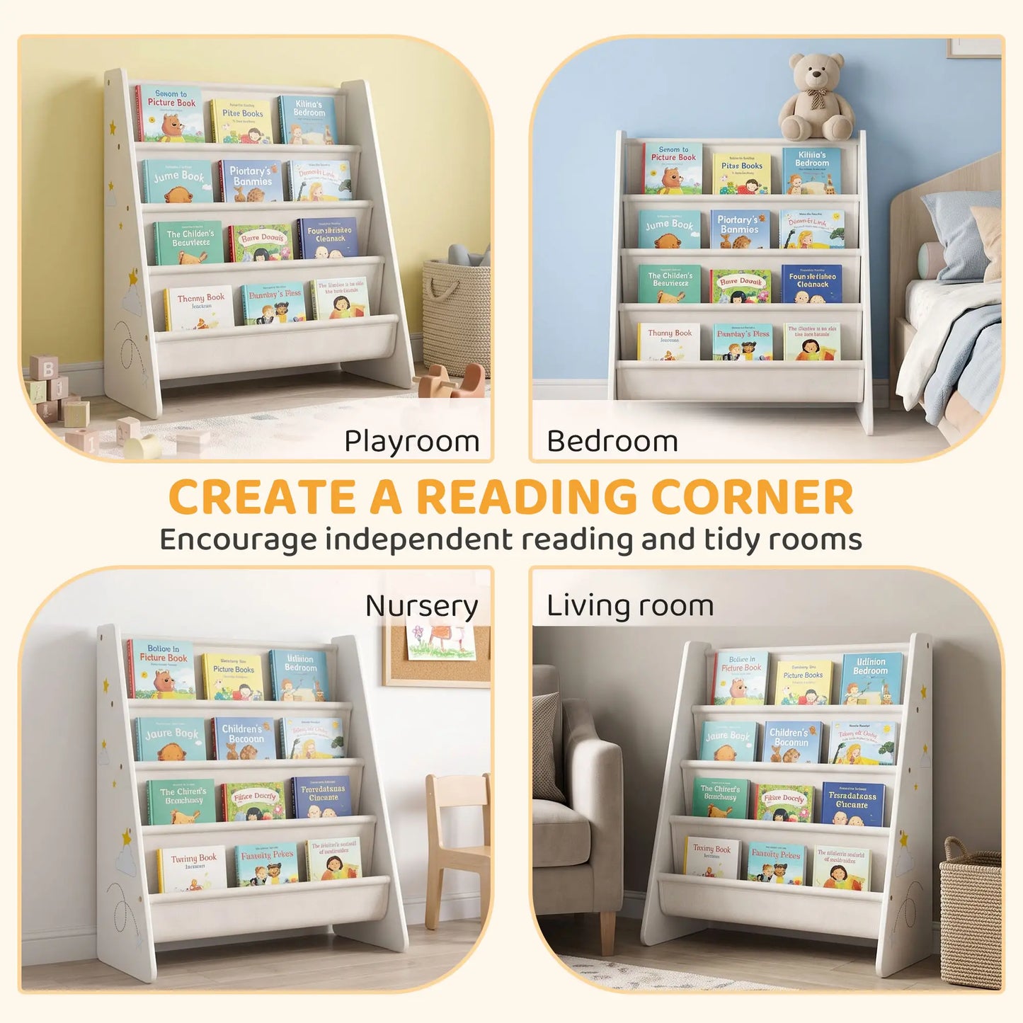 Fabric Kids Bookshelf, 4-Tier Toddler Sling Book Rack, White Baby & Kids Storage at Gallery Canada