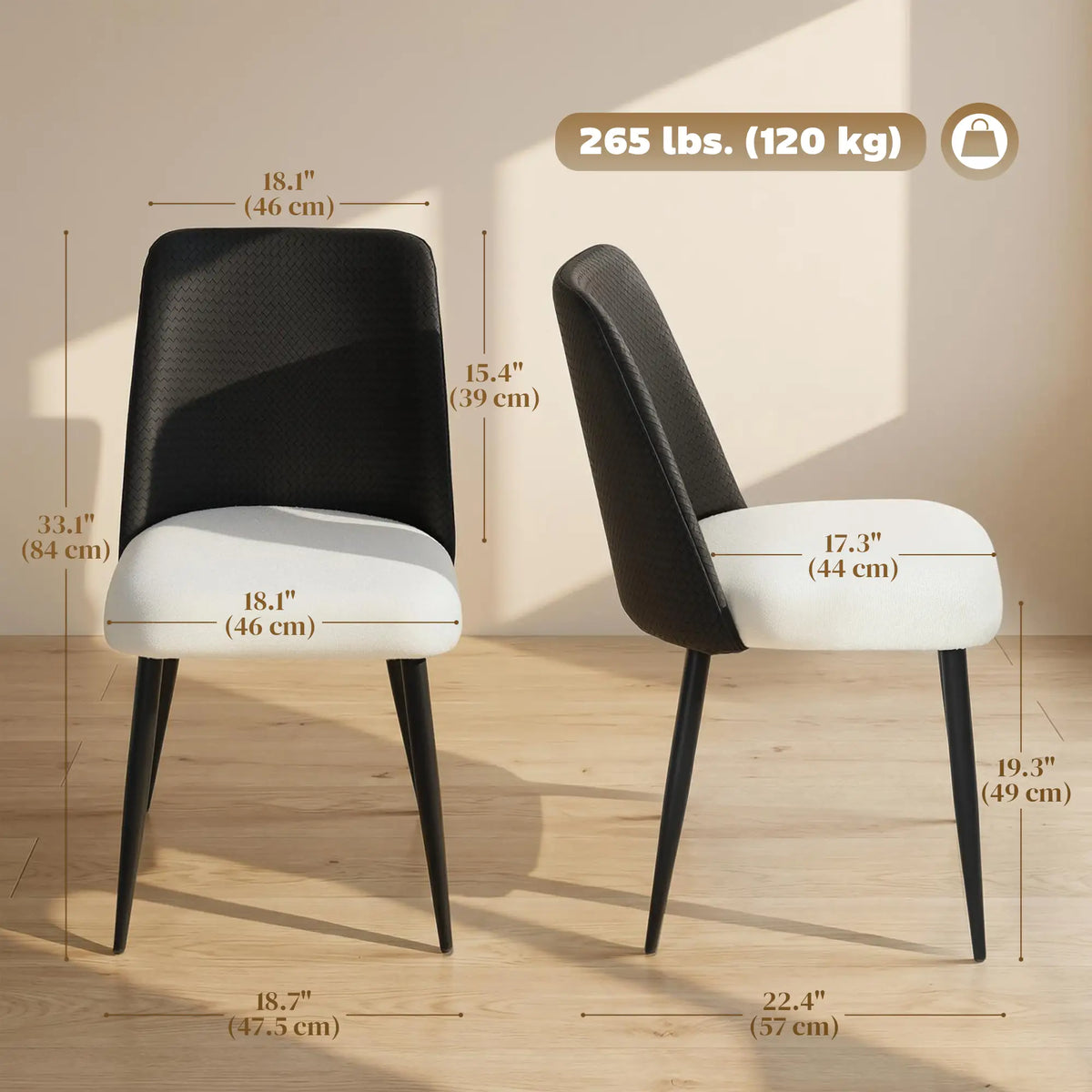 Upholstered Dining Chairs, Set Of 2, Steel Legs, Padded Seat, Black