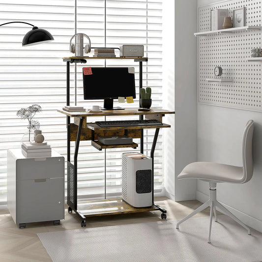 32 Mobile Computer Table, Rolling Study Desk with Keyboard Tray, Rustic Brown Computer Desks Rustic Brown, Black at Gallery Canada