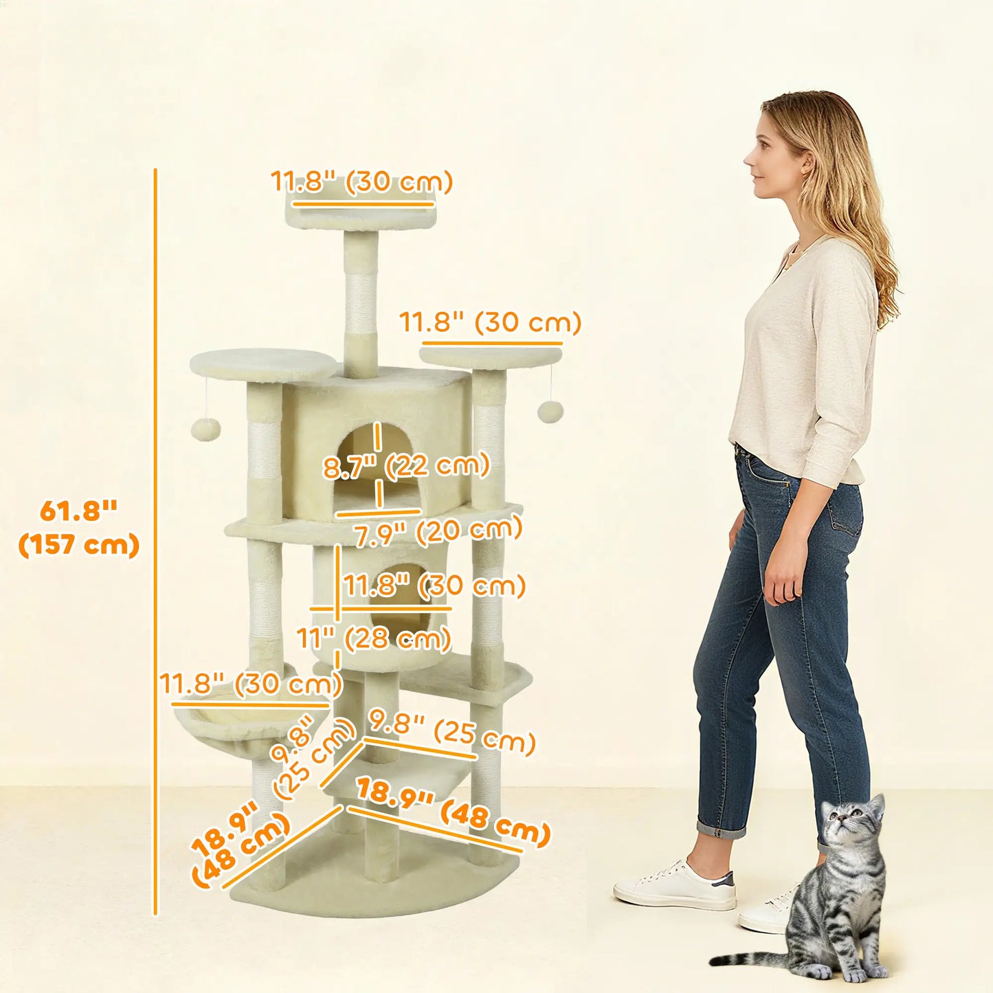 62" Cat Tree, Scratching Post, 2 Condos, Hammock, Perches, Beige Multi-Level Cat Towers at Gallery Canada