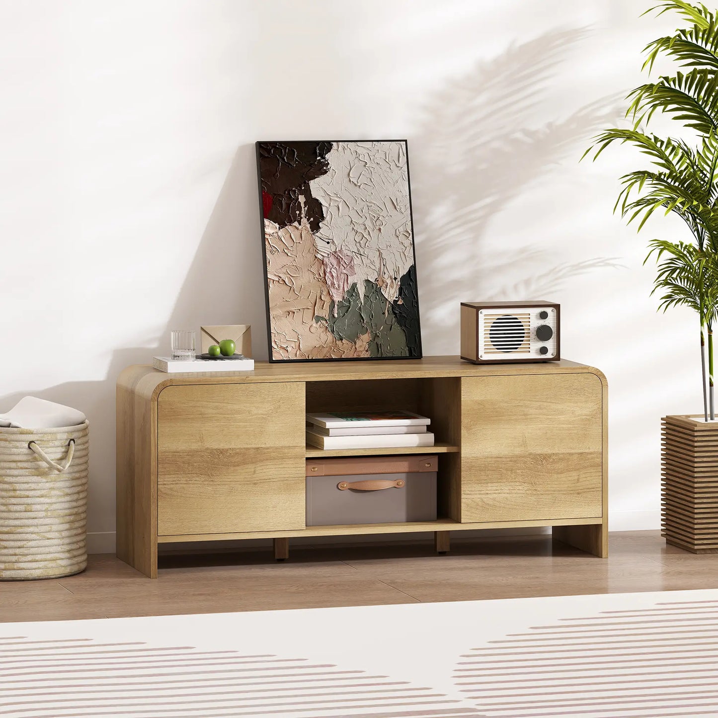 TV Stand For 55 Inch TV, Natural Wood Entertainment Center With 2 Cabinets TV Stands at Gallery Canada
