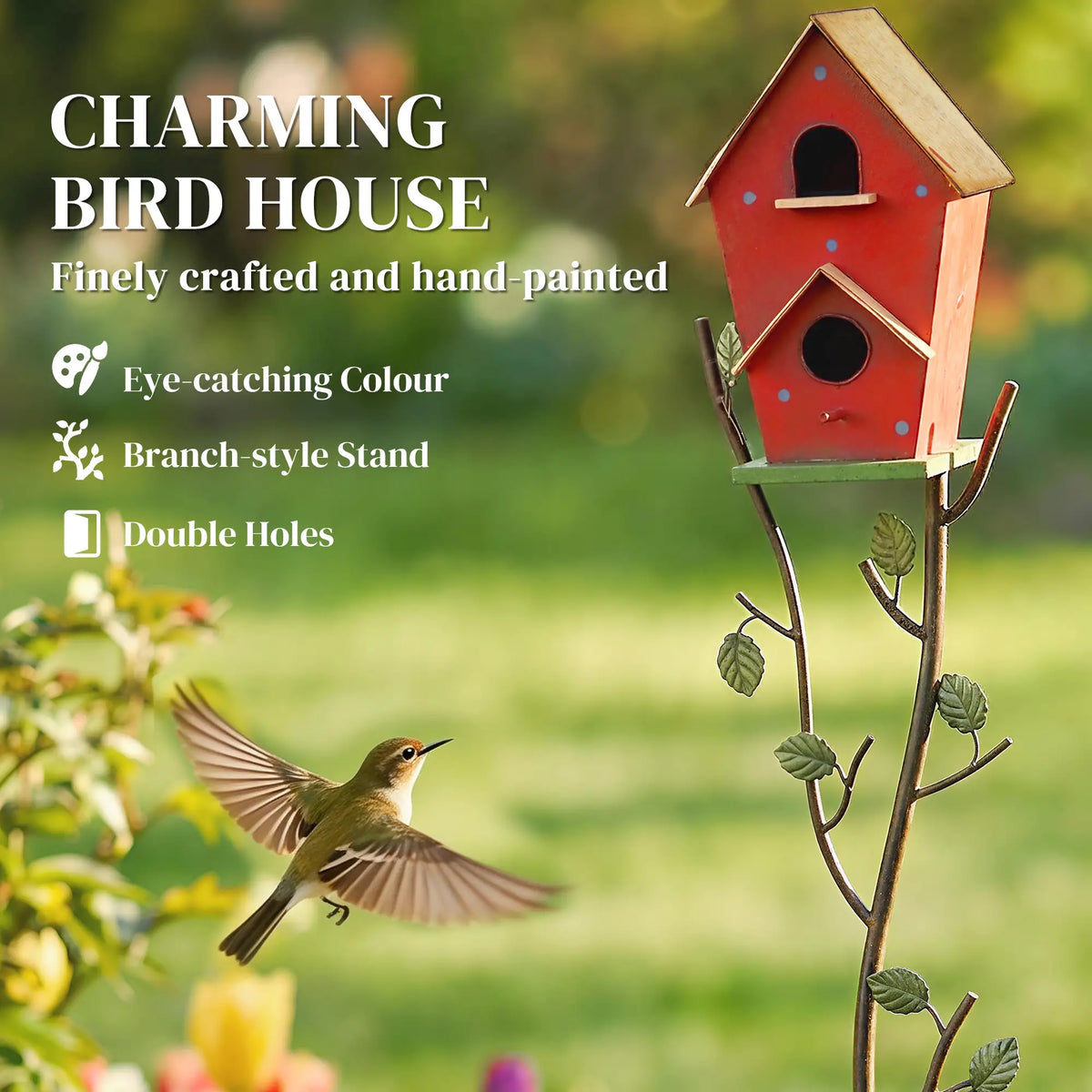 57" Outdoor Bird House With Pole, Metal, Double-Hole, Red Birds at Gallery Canada
