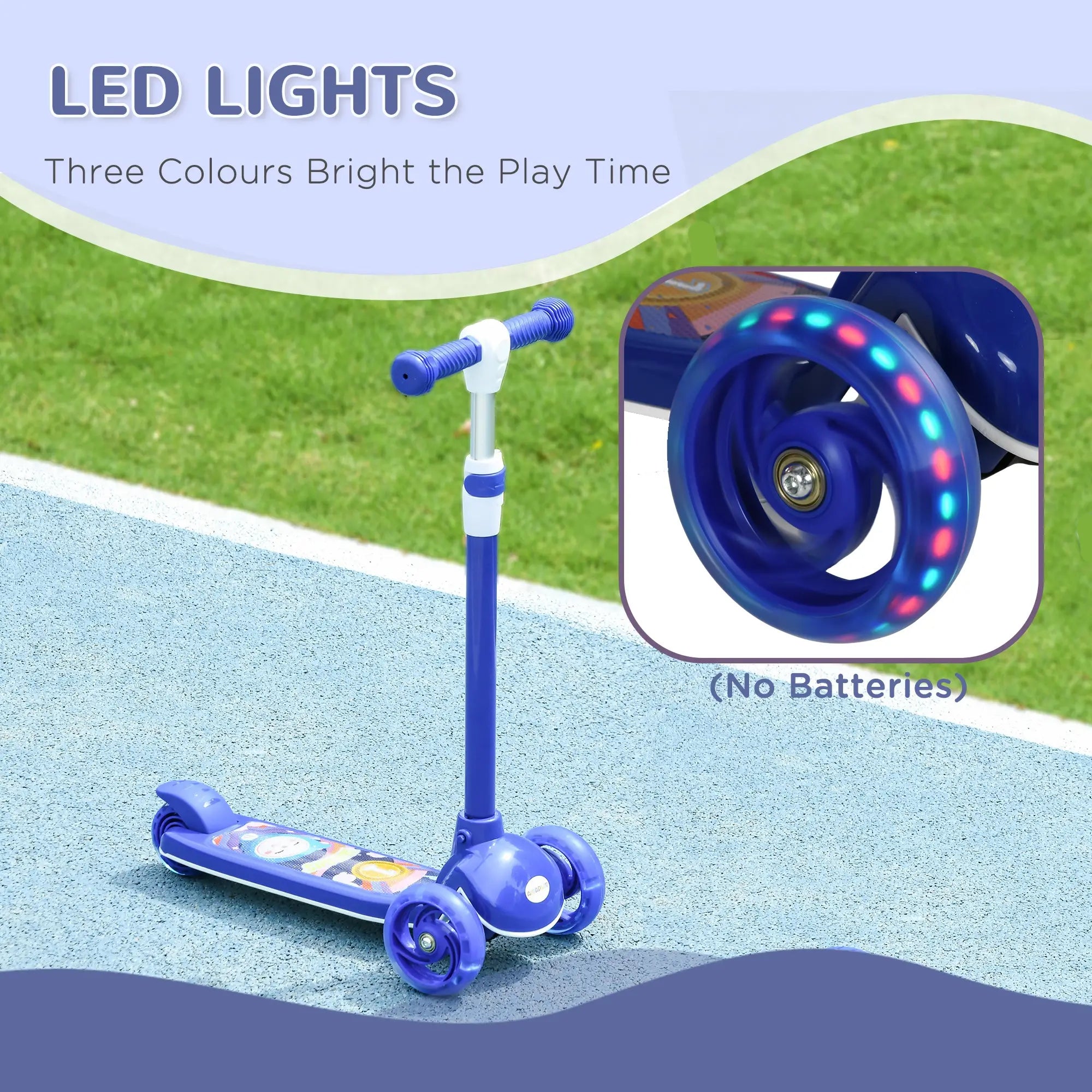 3 Wheel Kids Scooter, Adjustable Height, Rear-Fender Brake, LED Light, TPE Handlebar, Blue Scooters at Gallery Canada