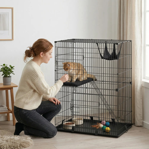 2-Tier Cat Cage Indoor, Detachable Metal Wire Kennel with Hammock, Platform, Tray and Cushion for 1-2 Kittens