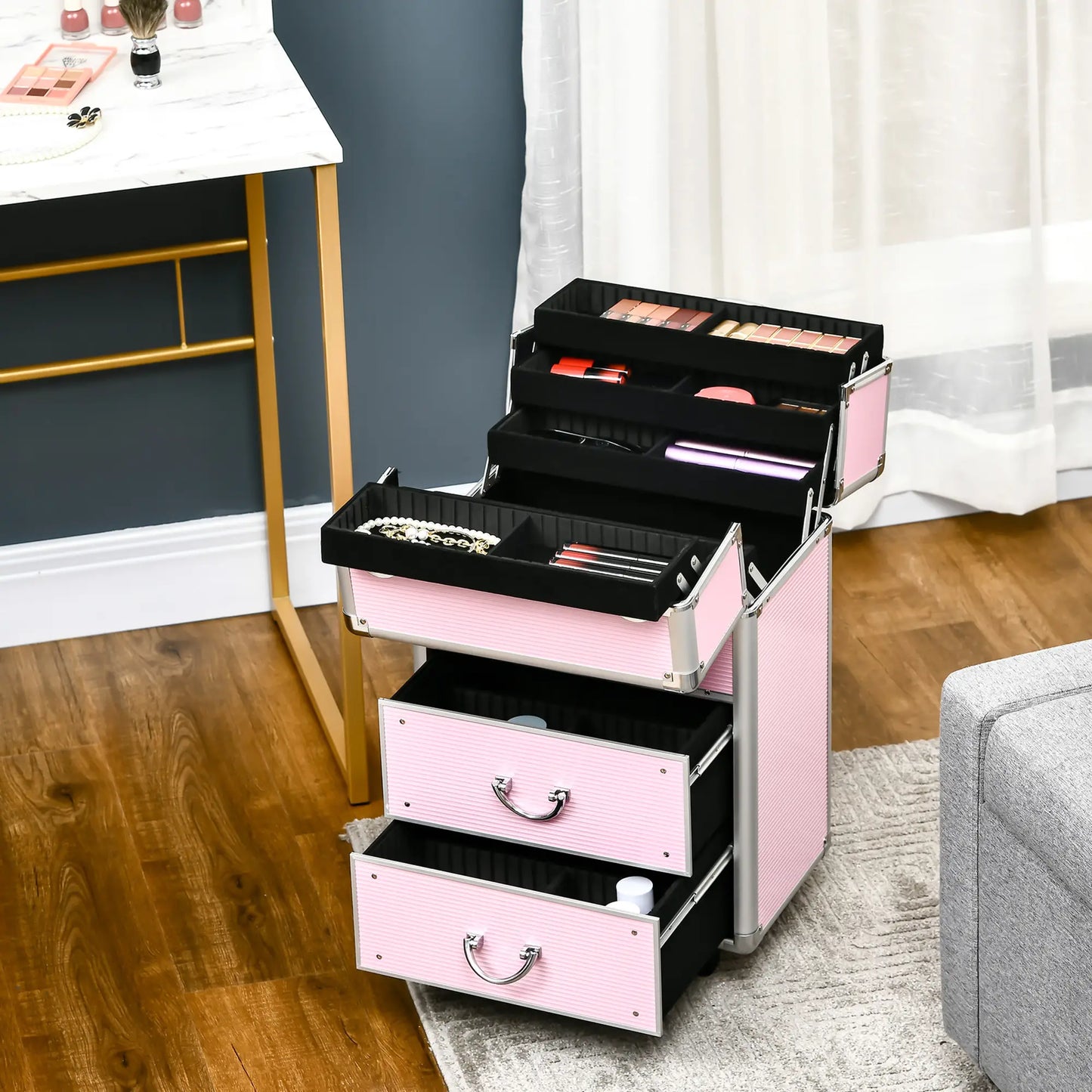Rolling Makeup Train Case, Large Storage Cosmetic Trolley, Lockable Travel Cart Trunk Makeup Cases at Gallery Canada