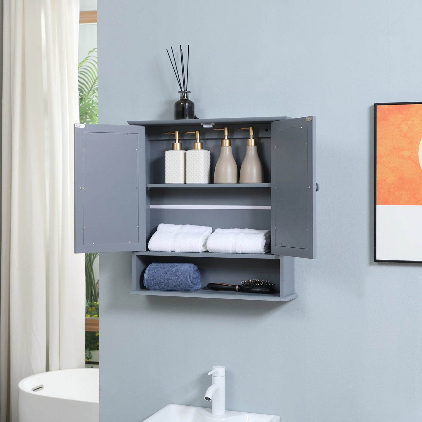 Wall-Mounted Medicine Cabinet, Double Doors, Open Shelf, Adjustable, Grey Mirror Medicine Cabinets at Gallery Canada
