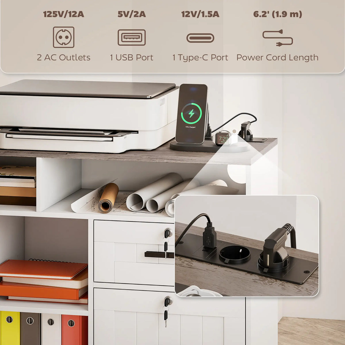 Mobile Printer Stand with Charging Station, Locking Filing Cabinet for A4 and Letter Size, White Office Cabinets & Cupboards at Gallery Canada
