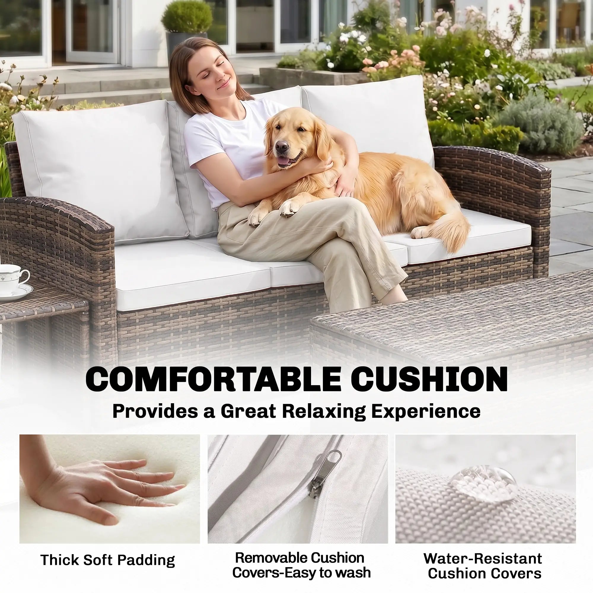 6-Piece Wicker Patio Furniture Set, 7-Seater with Cushions, Cream White Patio Furniture Sets at Gallery Canada