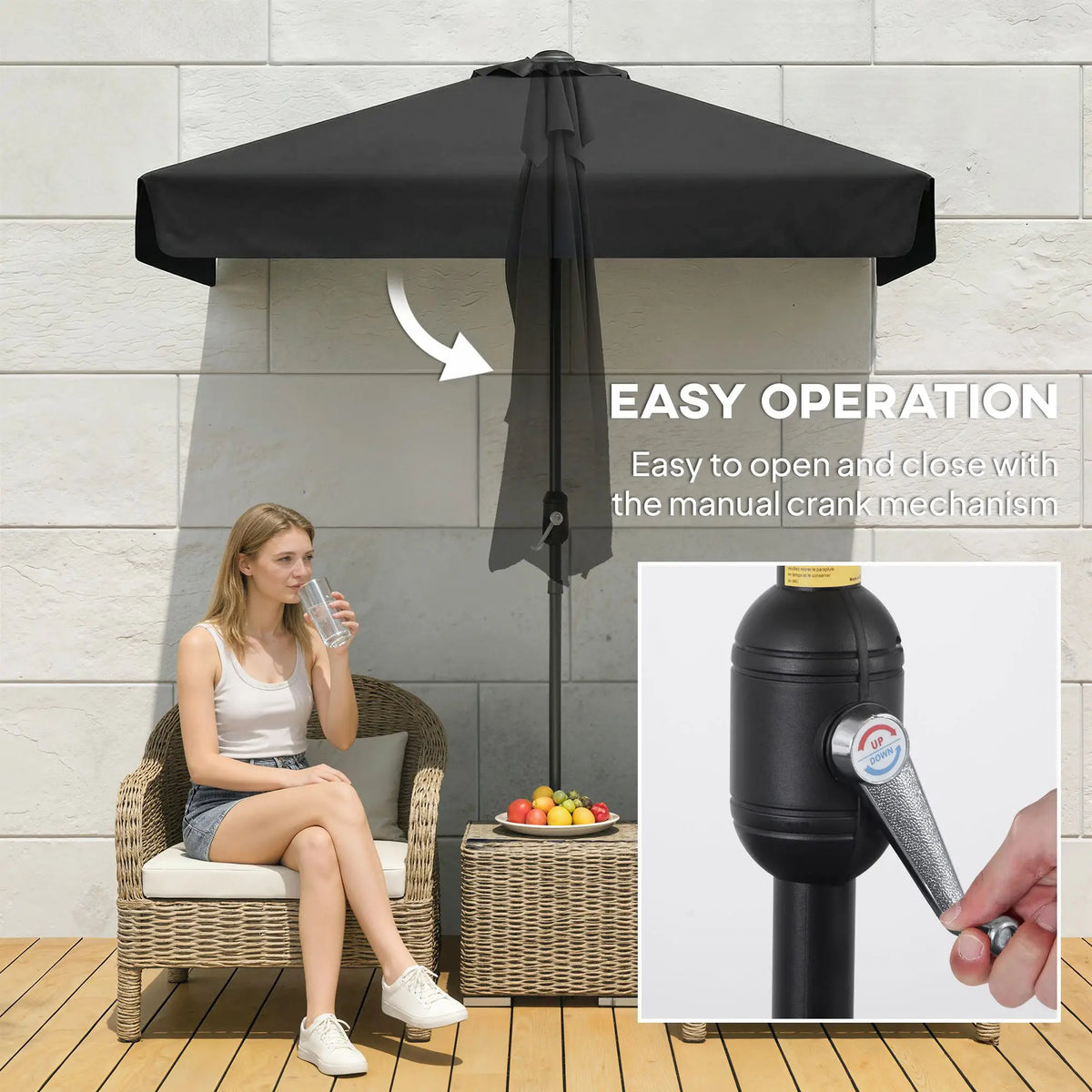7.5ft Half Umbrella, Semi Round Patio Parasol, Crank Handle, Top Vent, Black