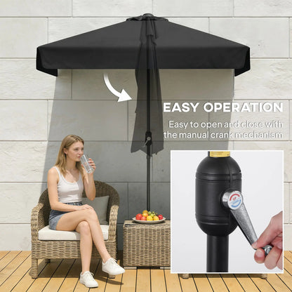 7.5ft Half Umbrella, Semi Round Patio Parasol, Crank Handle, Top Vent, Black