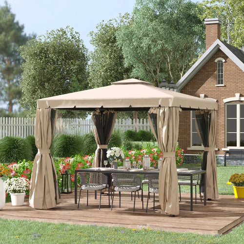 Deck Gazebo with Curtains, Mesh Screen, 10ft x 10ft, Khaki