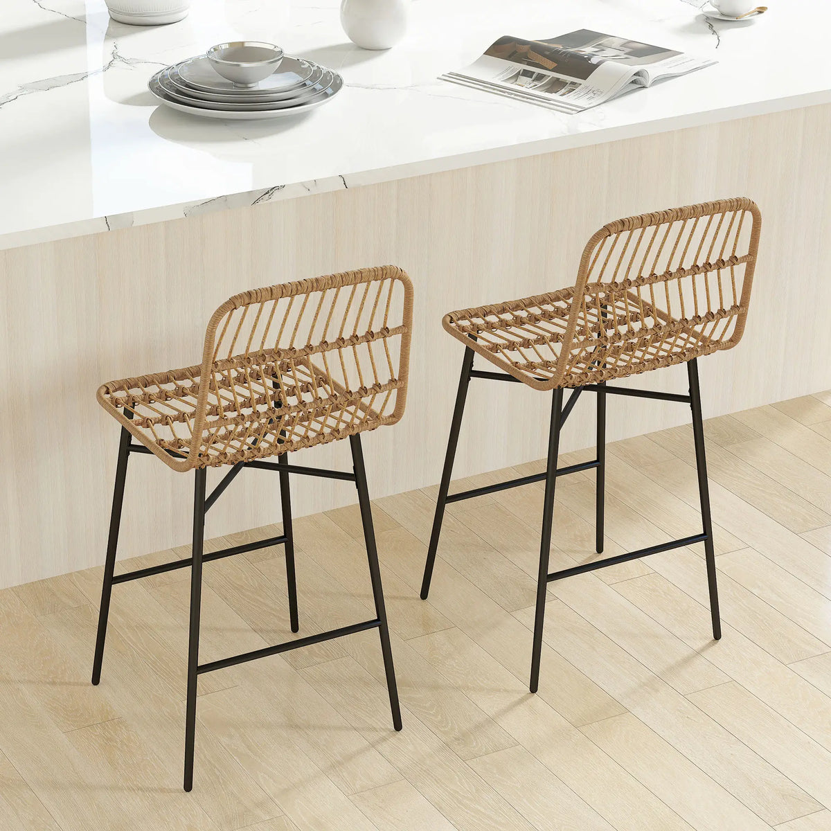 Rattan Counter Height Bar Stools Set Of 2, 26" Counter Stools With Back, Brown Bar Stools at Gallery Canada