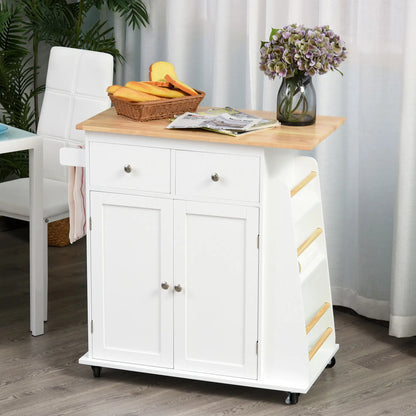 Rolling Kitchen Island Cart, Rubber Wood Top, 3-Tier Spice Rack, White Kitchen Islands & Kitchen Carts at Gallery Canada