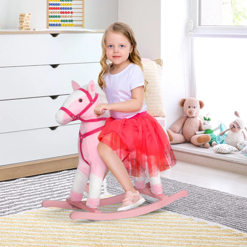 Plush Rocking Horse, Realistic Sound, Kid Ride-On Toy, Light Pink