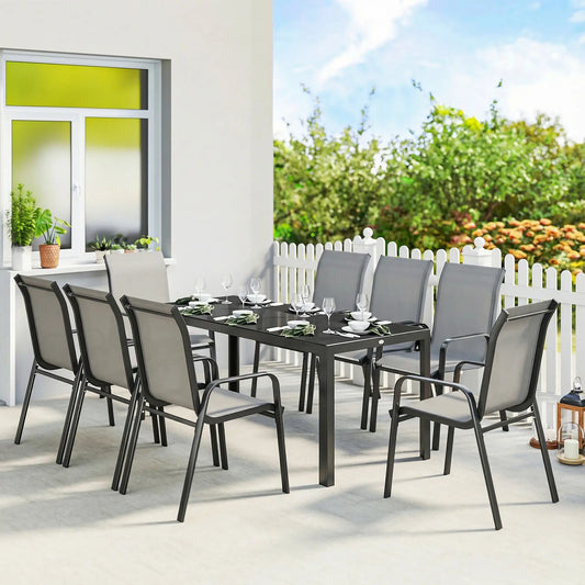 9 Piece Patio Set, Stackable Chairs, Glass Top, Light Grey Outdoor Dining Sets Light Grey, Black at Gallery Canada