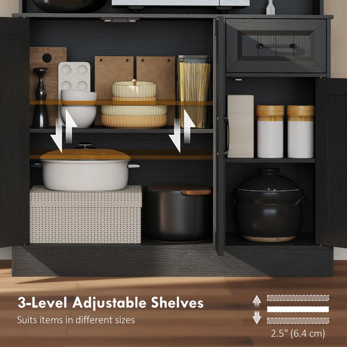 71 Inch Pantry Cabinet with Charging Station, Microwave Stand, Adjustable Shelves, Black Kitchen Pantry Cabinets at Gallery Canada