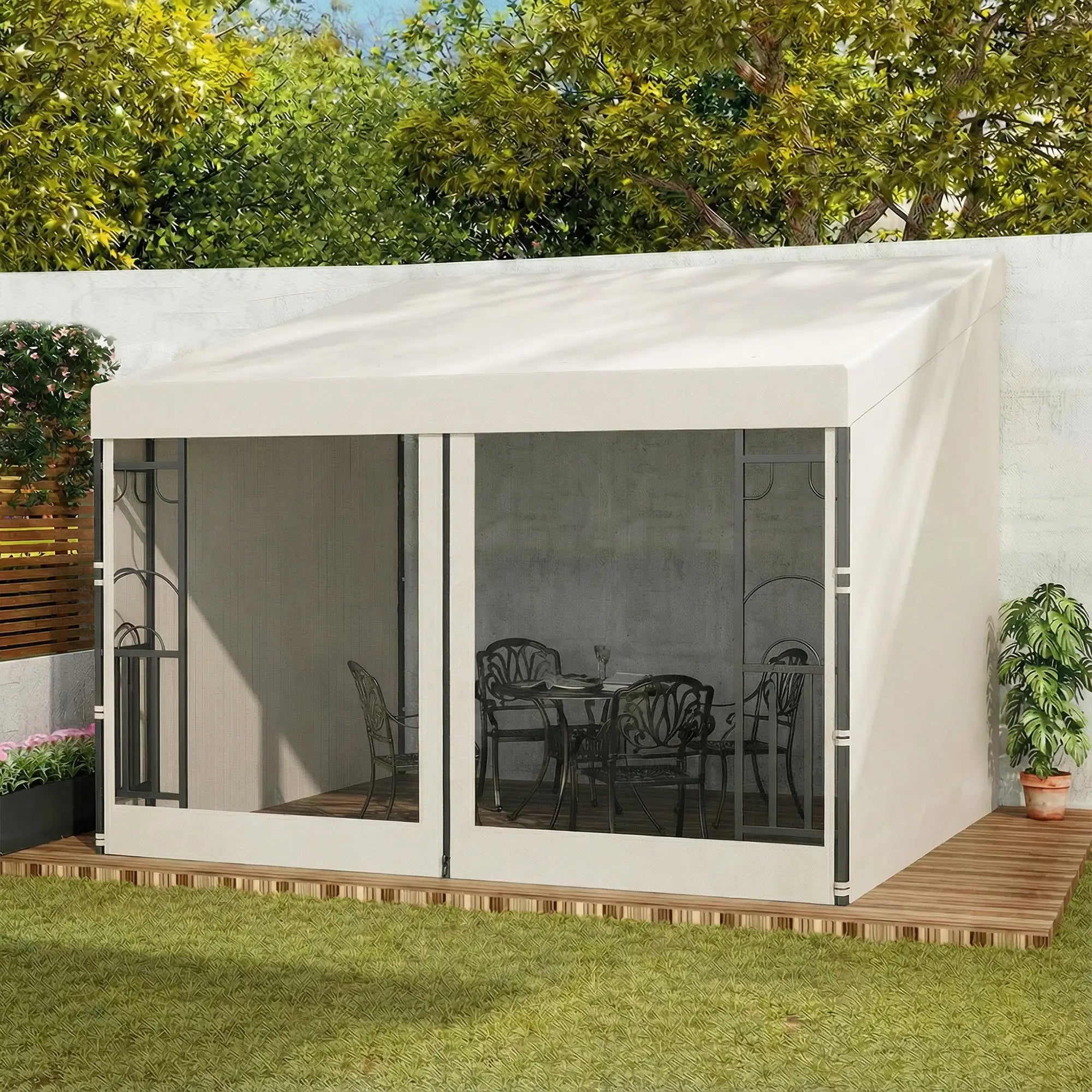 10' x 10' Wall Pergola, Outdoor Gazebo, 2 Curtains, 2 Nettings, Beige Pergolas at Gallery Canada