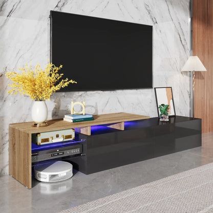 TV Cabinet With Glass Shelves, LED Lighting, 67" L x 13" W x 13" H, Natural, Black TV Stands at Gallery Canada