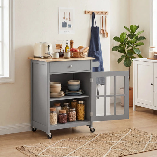 Rolling Kitchen Cart with Drawer and Glass Door Cabinet, Kitchen Island on Wheels with Towel Rack, Dark Grey Kitchen Islands & Kitchen Carts Dark Grey, Oak at Gallery Canada