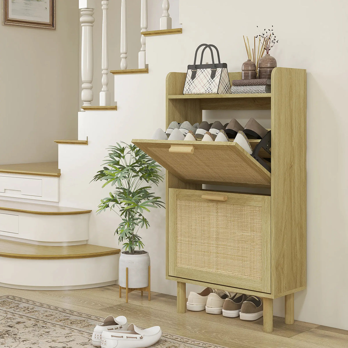 Slim Shoe Storage, 2 Flip Drawers, Adjustable Shelves, 12 Pair, Oak Shoe Storage Cabinets & Racks at Gallery Canada