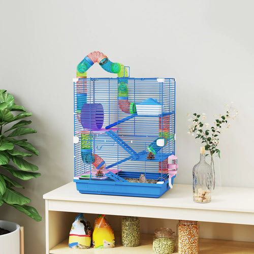 5-Tier Hamster Cage, Portable With Wheels, Tube, Blue