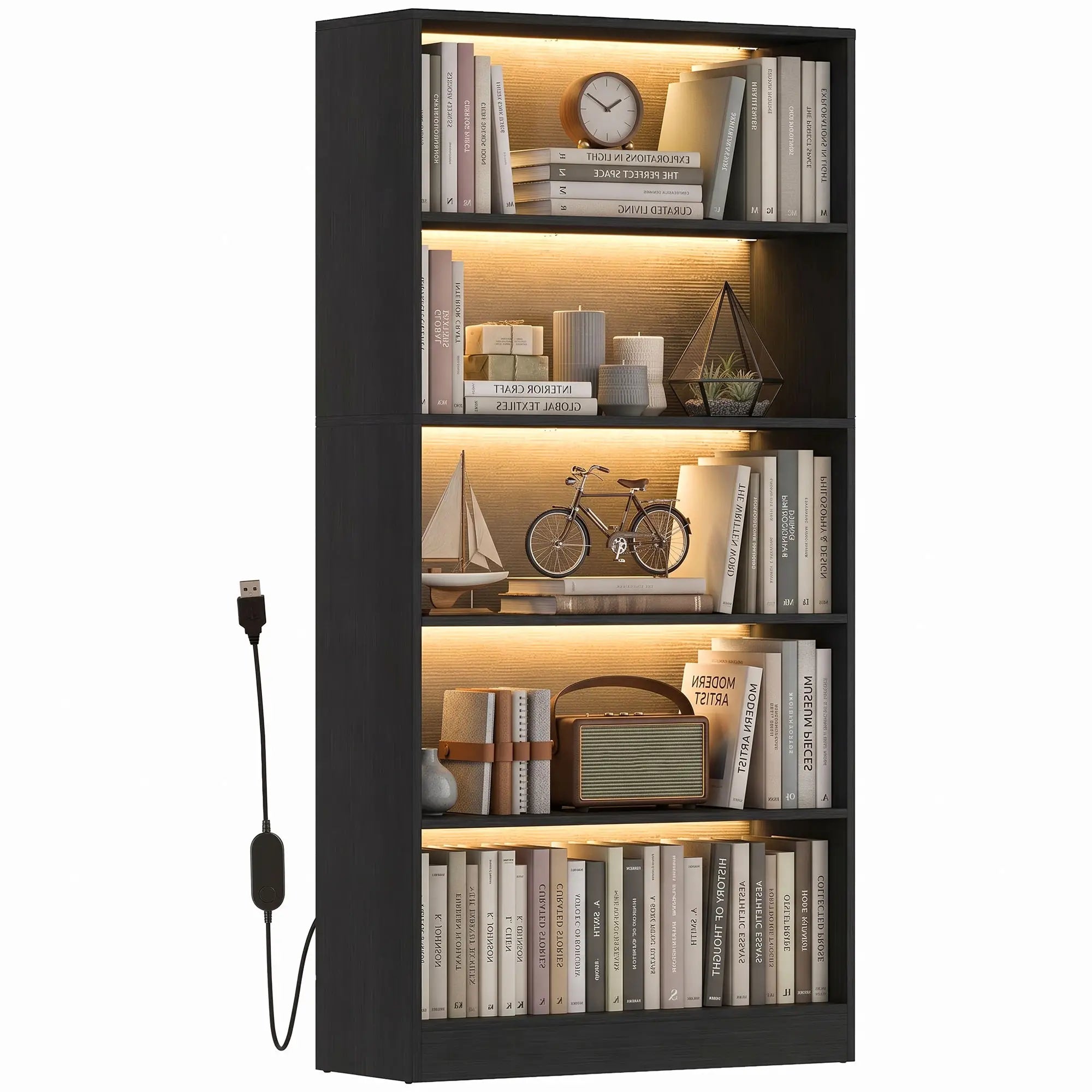 5-Tier Bookshelf With LED Lights, Cable Holes, Black Wood Grain Display Bookshelves at Gallery Canada