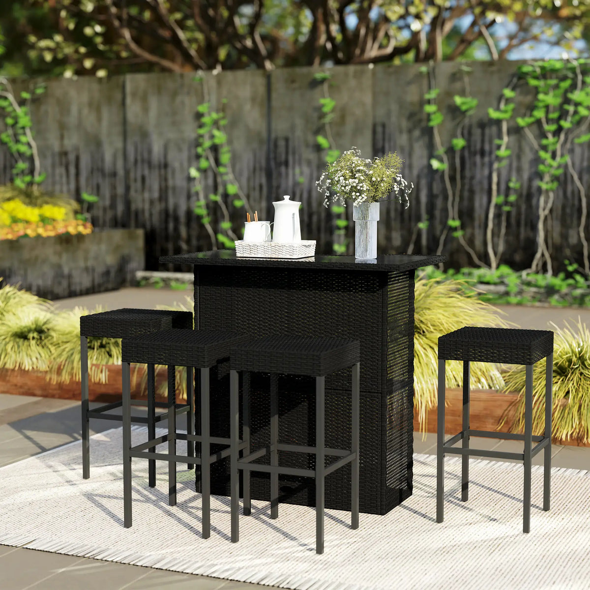 5-Piece Patio Bar Set, Outdoor PE Rattan Table and Chairs, Black Bistro Sets at Gallery Canada
