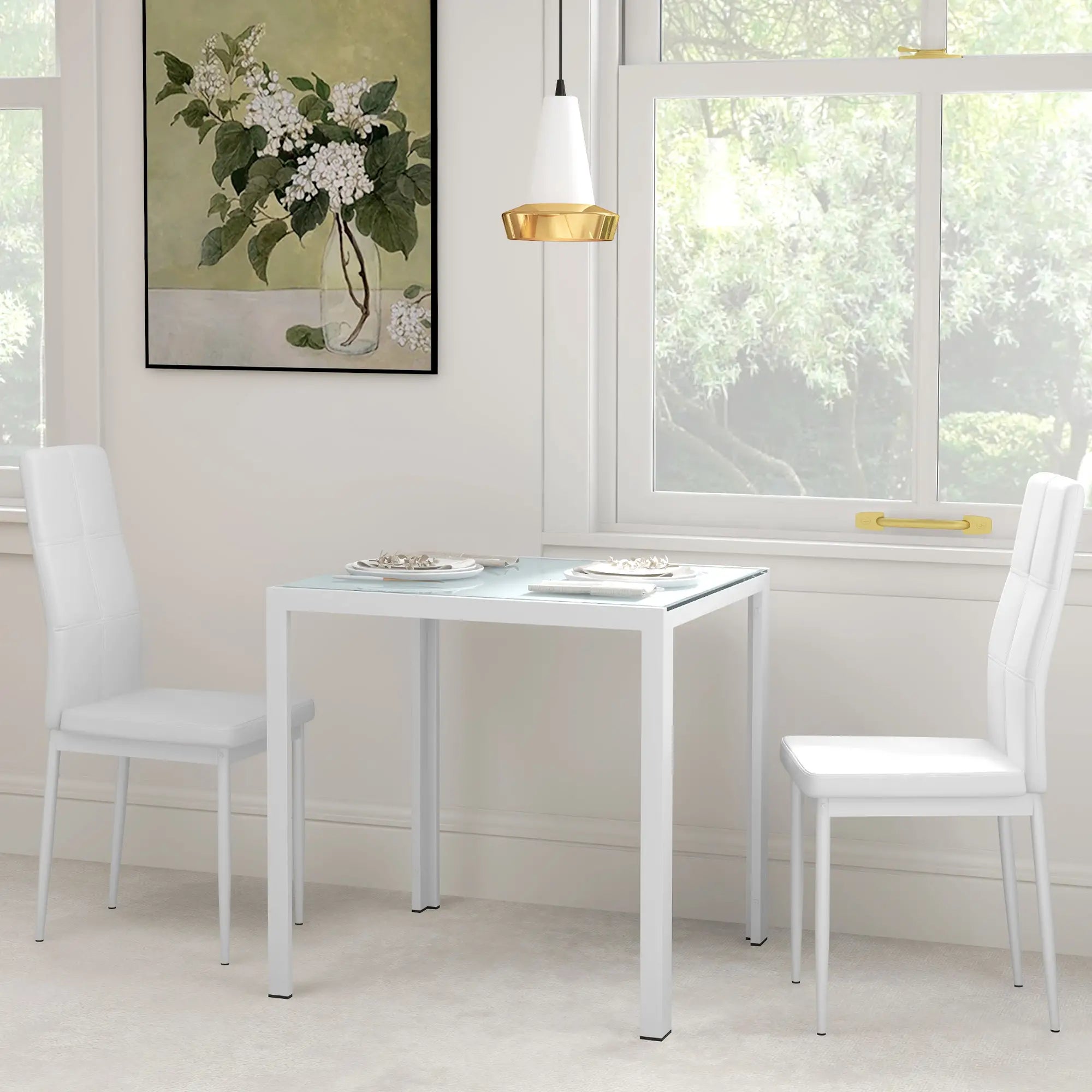 3-Piece Rectangular Glass Dining Table, Metal Frame, Faux Leather Chairs, White Bar Sets at Gallery Canada