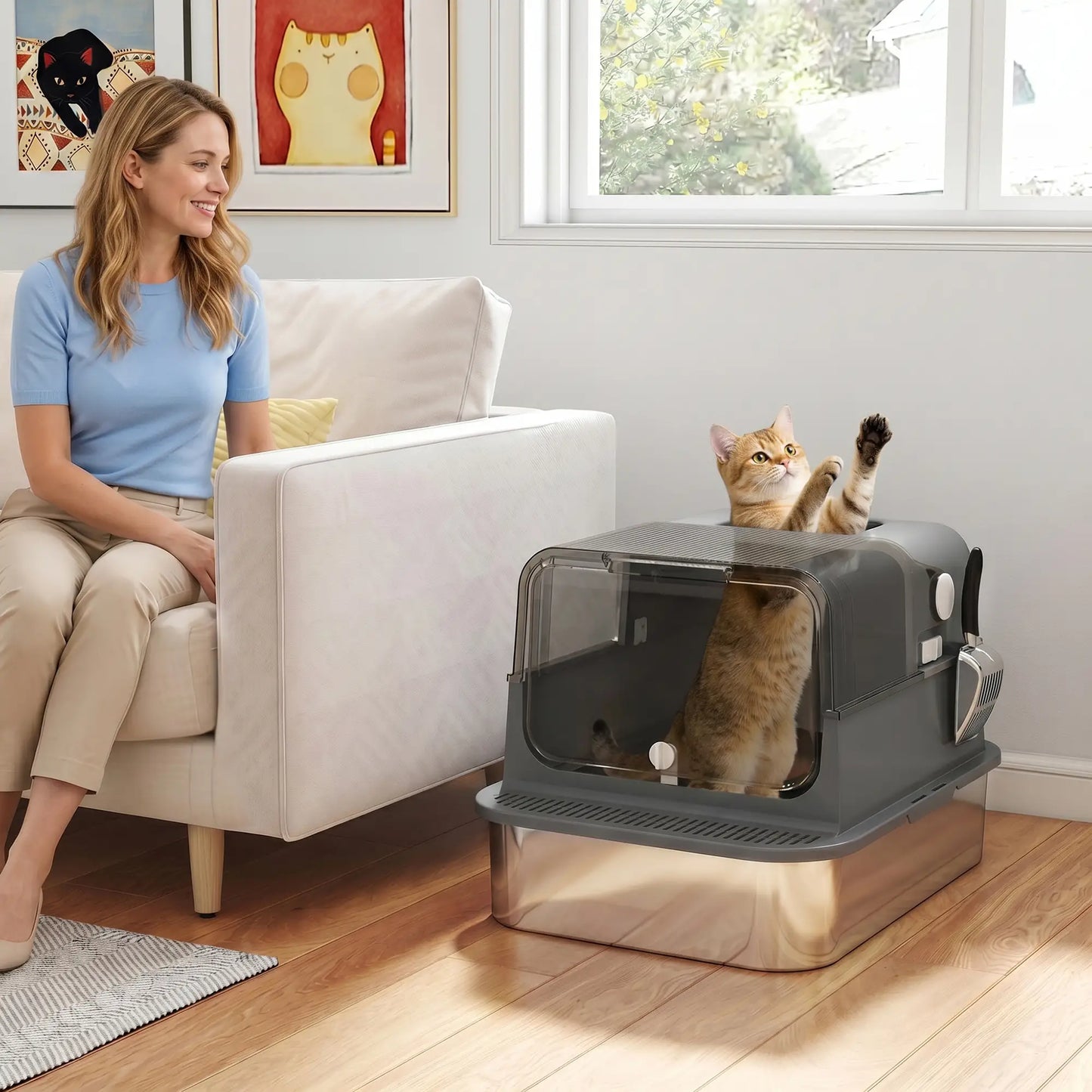 XXL Stainless Steel Cat Litter Tray, Enclosed, High Sides, Black Cat Litter Box Enclosures at Gallery Canada