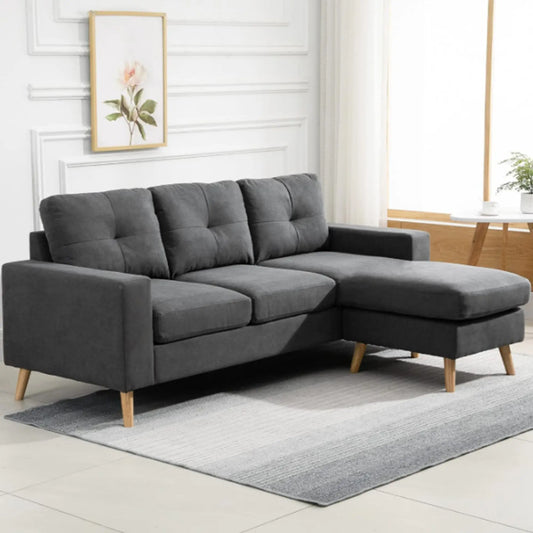 L Shaped Sectional Sofa, Reversible Chaise, Wooden Legs, Dark Grey 3-Seater Sofas Dark Grey at Gallery Canada