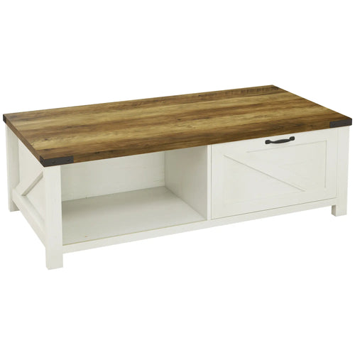 Industrial Coffee Table with Drawer, Open Shelf, Farmhouse Style, Brown