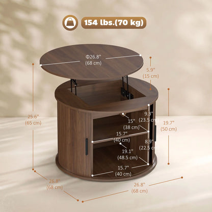 Table basse ronde avec plateau relevable, rangement cannelé, brun noyer, brun noyer