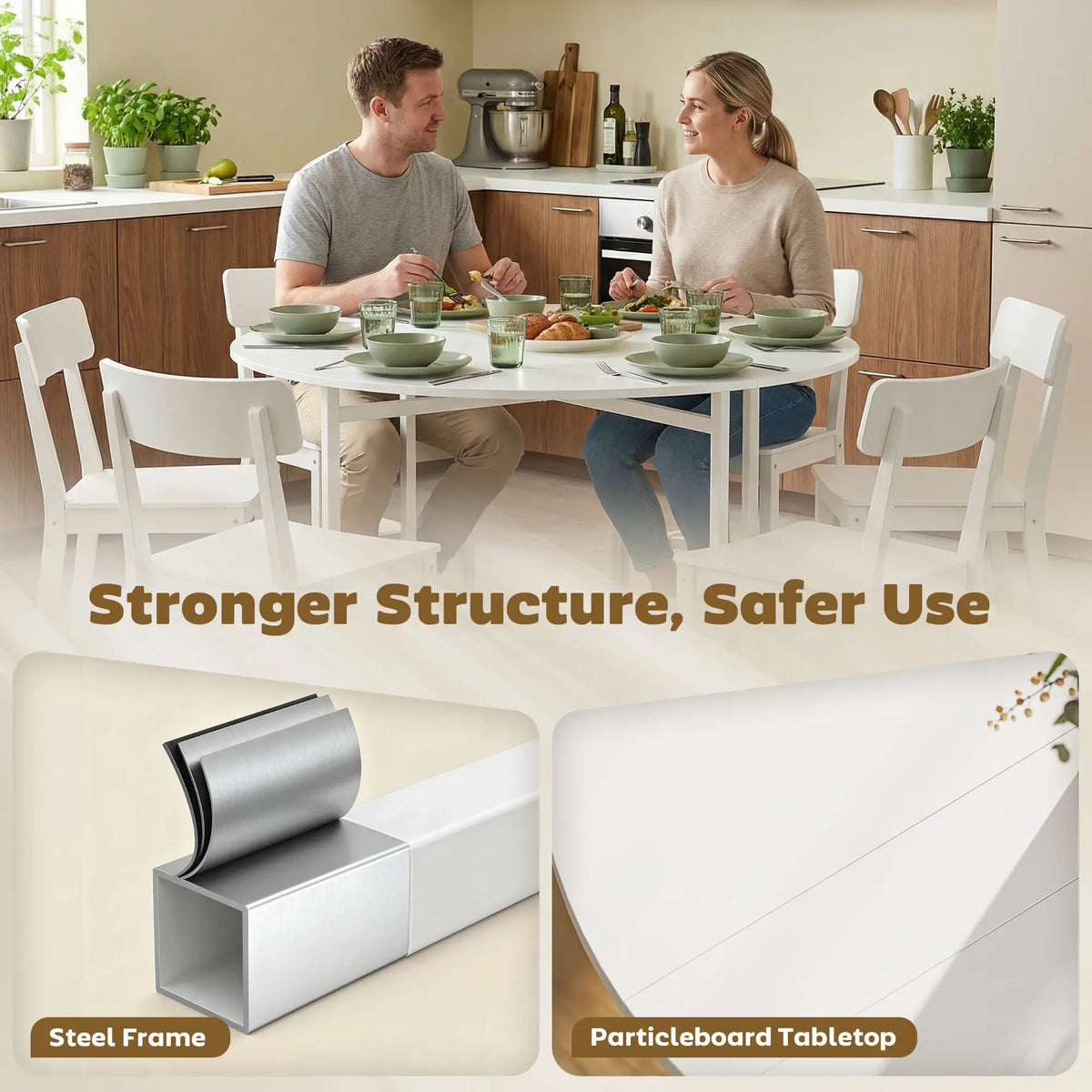 47" Round Drop Leaf Dining Table, Steel Frame, For 3-6 People, White Dining Tables at Gallery Canada