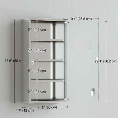 Wall Mount Medicine Cabinet, 4 Tier Shelves, Stainless Steel Frame, Glass Door, Lockable, 12" x 23.5", Silver Mirror Medicine Cabinets at Gallery Canada