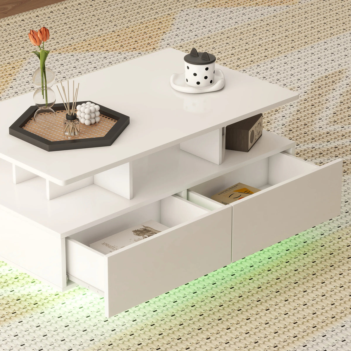 Modern Coffee Table with RGB LED Lights, 4 Drawers, Open Shelf, Remote, High Gloss White, White Coffee Tables at Gallery Canada