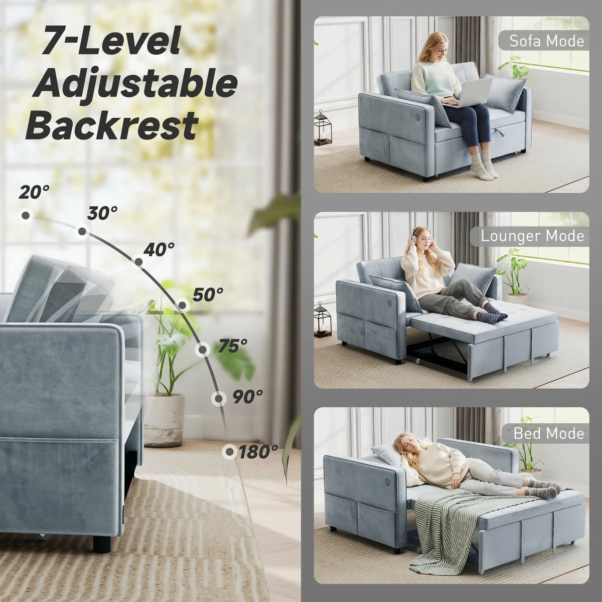 3-In-1 Convertible Sofa Bed, Pull Out Sleeper, Adjustable Backrest, Light Grey 2-Seater Sofas at Gallery Canada