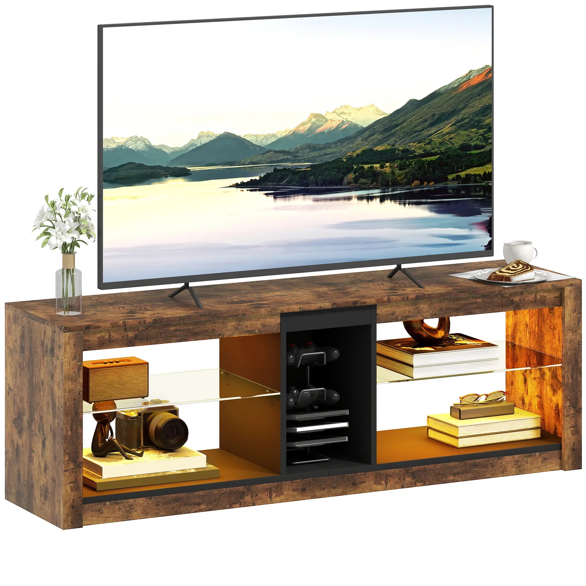 TV Stand Cabinet With LED Lights, Remote, Shelves, Rustic Brown TV Stands at Gallery Canada