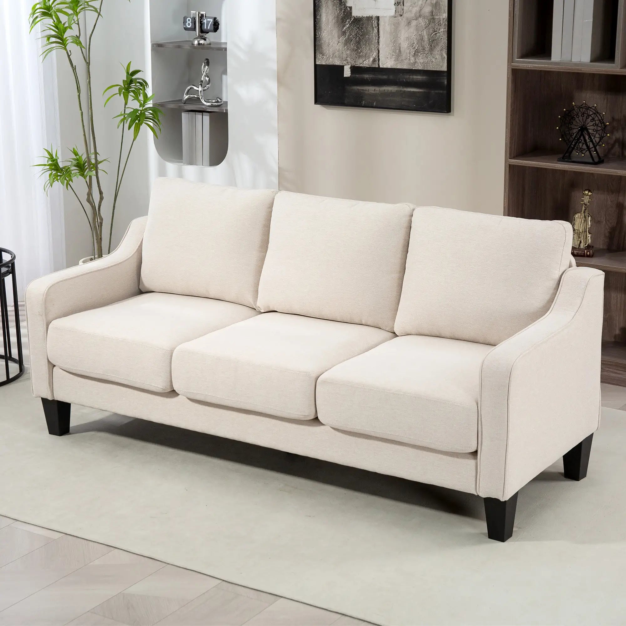 3 Seater Sofa, Modern Linen Couch, Pocket Spring, Thick Padded, Beige 3-Seater Sofas at Gallery Canada