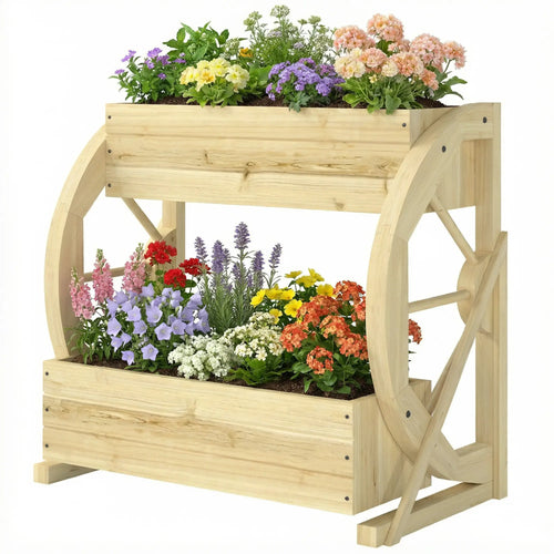 Wooden Wagon Planter Box, 2-Tier Raised Garden Bed, Wooden