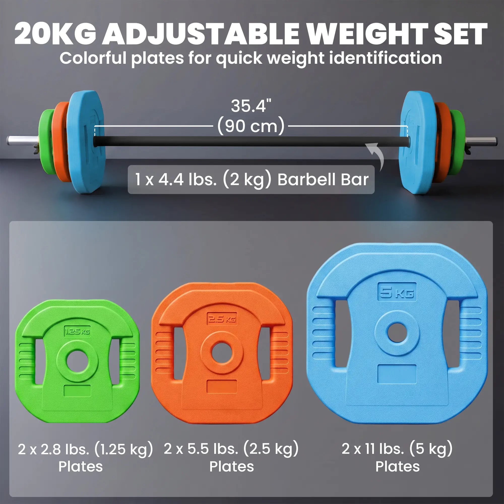 44lbs Adjustable Barbell Weight Set, Bar, Plates, Multicolour Dumbbells & Barbells at Gallery Canada