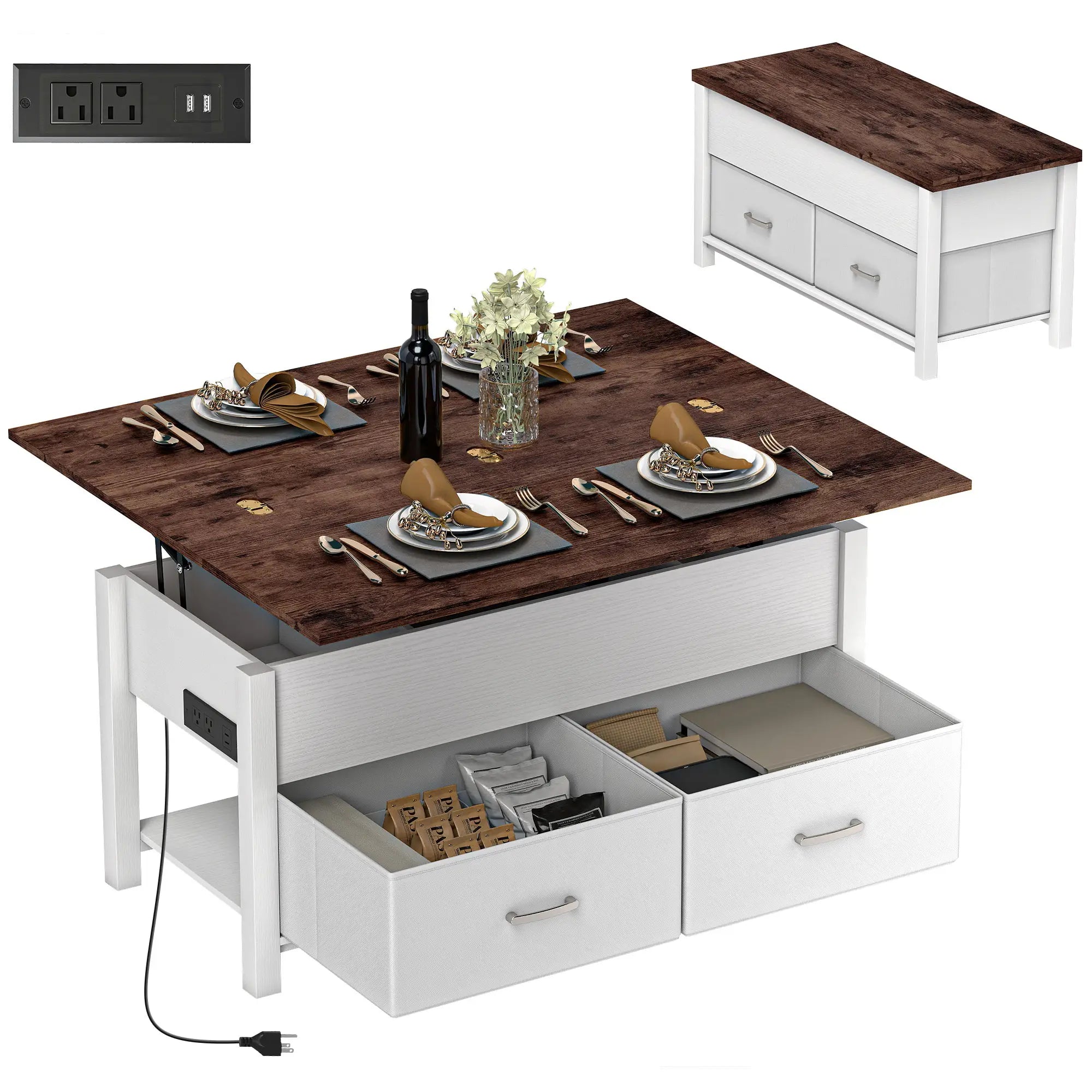 Lift Top Coffee Table, 3 Hidden Compartments, 2 Fabric Drawers Coffee Tables at Gallery Canada