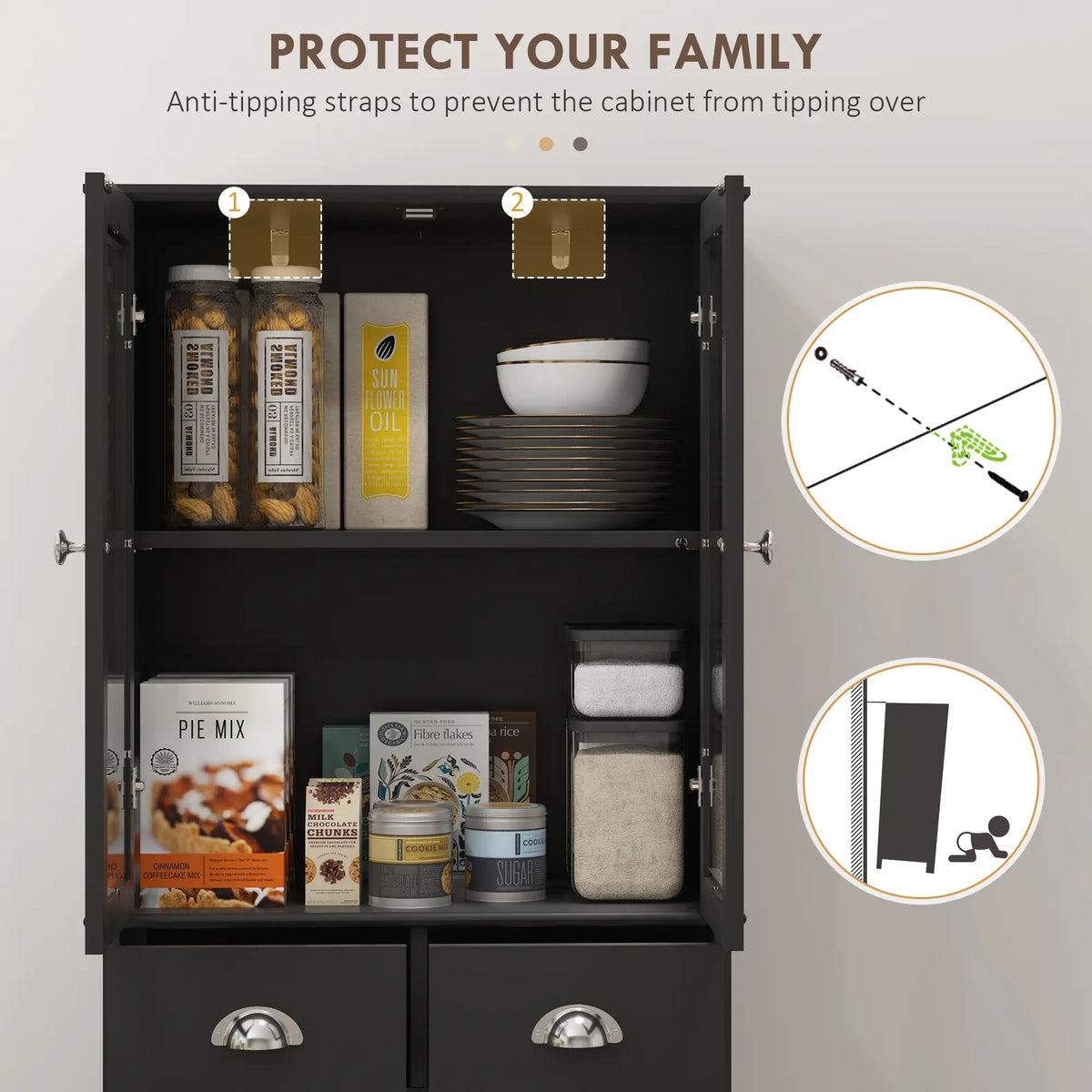 61" Kitchen Pantry Cabinet, Freestanding Farmhouse, Black Kitchen Pantry Cabinets at Gallery Canada