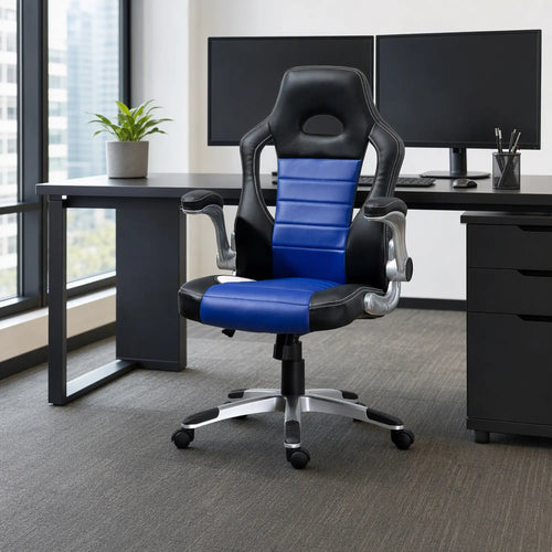 Racing Gaming Chair, PU Leather, Adjustable Height, Flip Up Armrest, Blue