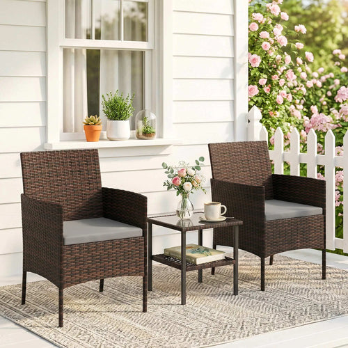 3 Piece Wicker Bistro Set, 2-Tier Glass Top Table, Dark Grey