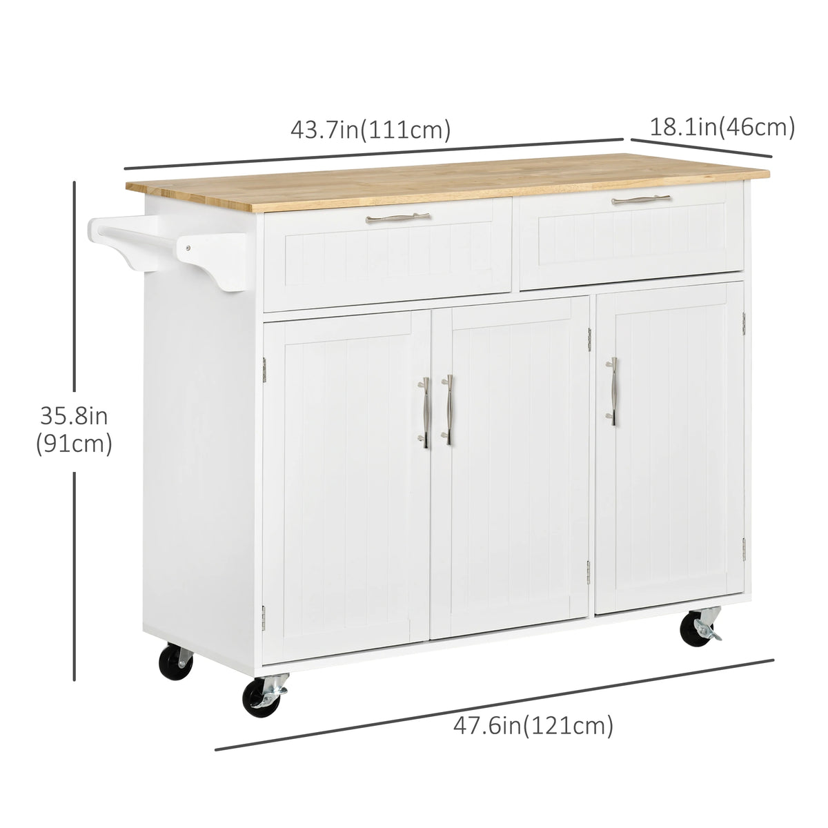 Rolling Kitchen Island, Cart with 2 Drawers, 3 Door Cabinets, 3-Doors, White Kitchen Islands & Kitchen Carts at Gallery Canada